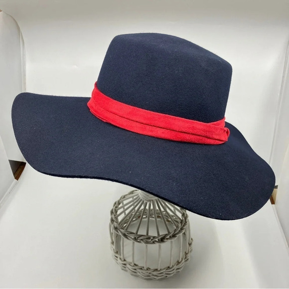 Anthropologie Wool Navy Blue Boater Wide Rim Floppy Hat Festival Boho - Picture 10 of 12